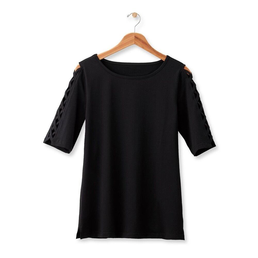 Chadwick’s Lattice Sleeve Knit Top, Scoop Neck, Elbow-Length Sleeves, Side Slits